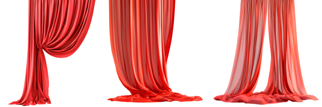 Set of classic red curtains with elegant drapery and decorative roses isolated on a transparent background. Luxurious fabric swag for interior decoration.