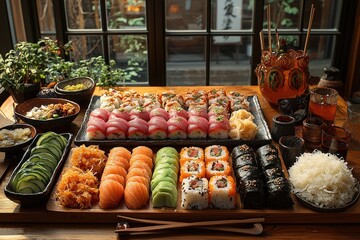 Exquisite sushi feast displayed on a wooden table with various japanese dishes and elegant dining ambiance