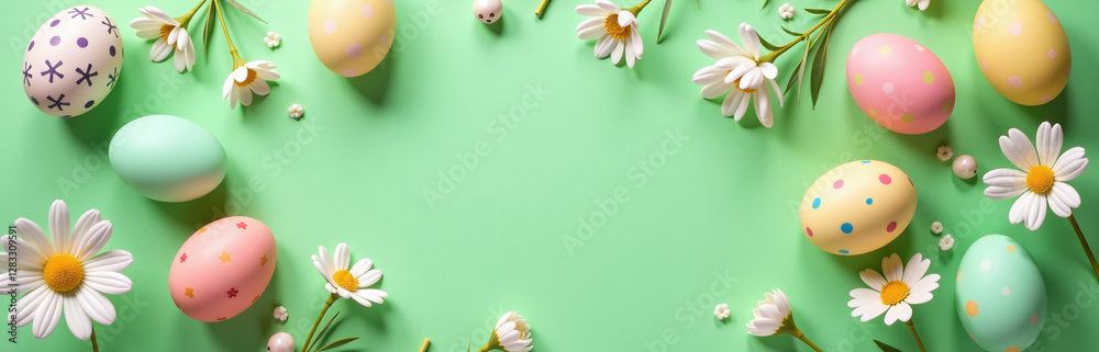 Poster easter table setting features eggs and floral decor on a vibrant green background in a stylish flat 