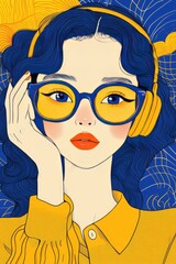 Vibrant Pop Art Girl with Headphones and Glasses Blue and Yellow Color Palette