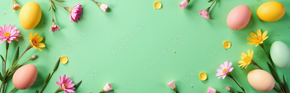 Poster easter table setting features eggs and floral decor on a vibrant green background in a stylish flat 