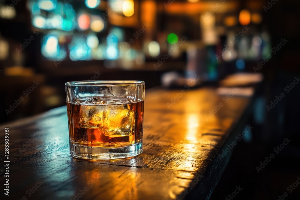 Poster whiskey glass on a bar counter with dim lighting and blurred background ambiance in a cozy establish