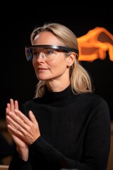Obraz premium Businesswoman Engaged in Presentation Wearing AR Glasses in Modern Office