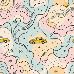 A yellow car is centered in the image, surrounded by a whimsical, abstract pattern of swirls, dots, and lines in pastel colors.