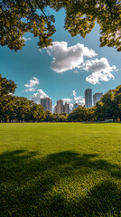 A wide, grassy field is surrounded by trees, with city buildings in the background under a blue sky and white clouds
