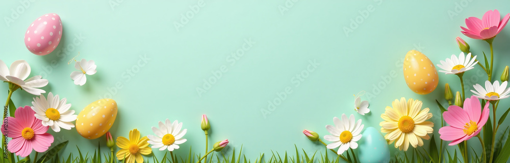 Poster easter eggs surrounded by flowers on a soft pastel green background create a colorful and inviting h