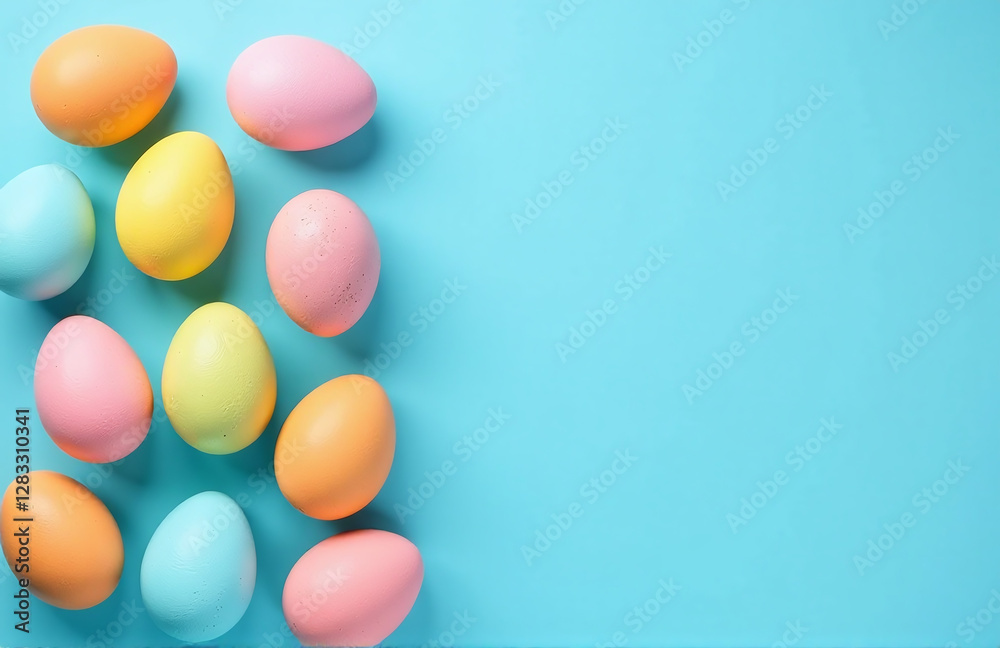 Poster easter eggs in various colors are arranged on a blue background for a festive and creative flat lay 