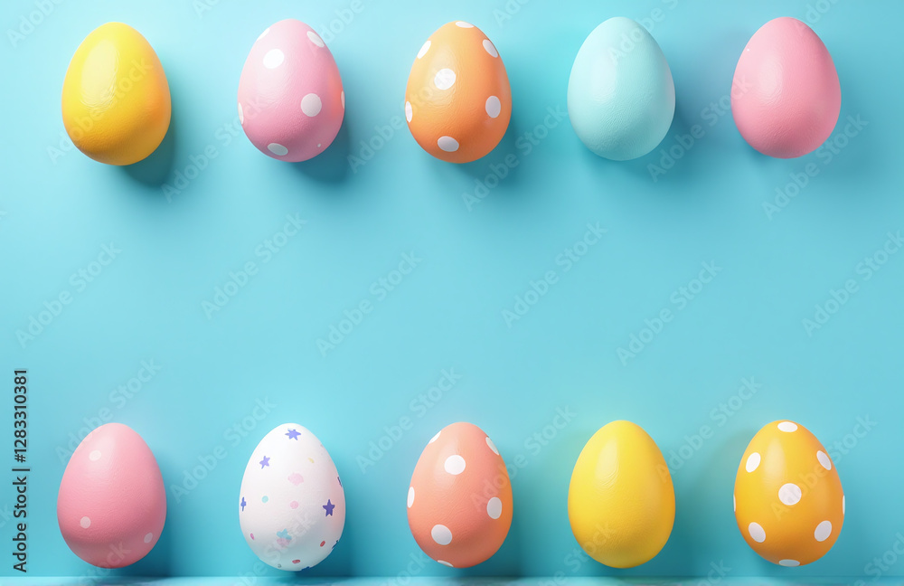 Poster easter eggs in various colors are arranged on a blue background for a festive and creative flat lay 