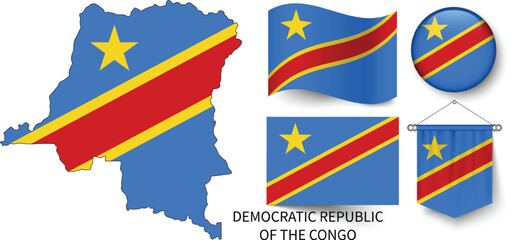 The different designs of DRC's national flags and the map showing DRC's borders, Democratic Republic of the Congo