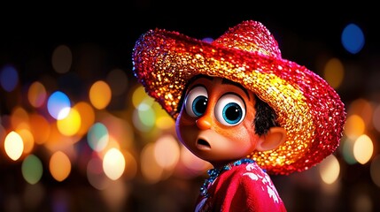   A toy with a large hat on its head, illuminated by numerous background lights