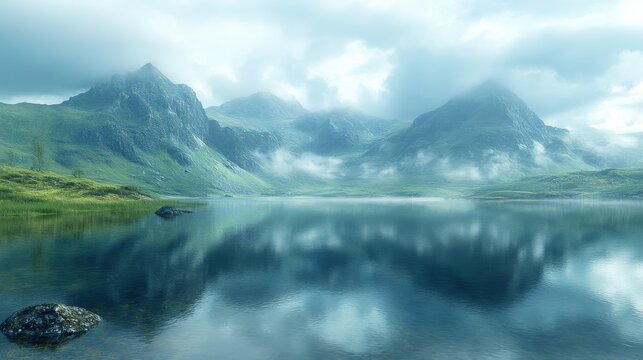Misty Morning View of Scotland's Isle of Skye with Mountains and Water - Powered by Adobe
