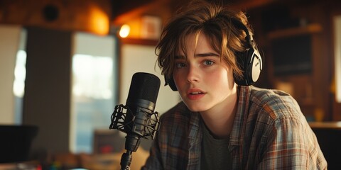 Young developer recording audio with professional microphone and headphones in home studio