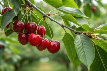 Obraz premium generous harvest of cherries, cherry branch with ripe red berries in the garden on a tree