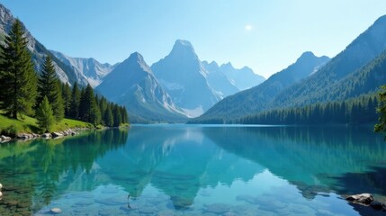 Fototapeta premium Serene Mountain Lake Reflection A Picturesque Vista of Crystal-Clear Waters Mirroring Majestic Peaks and Lush Evergreen Forests
