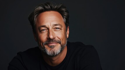 Obraz premium Confident Middle-Aged Man with a Warm Smile Against Dark Background