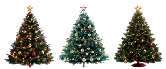 Set of three decorated Christmas trees with various ornaments, including red, gold, blue, and silver baubles, tinsel, and star toppers, isolated on a transparent background.