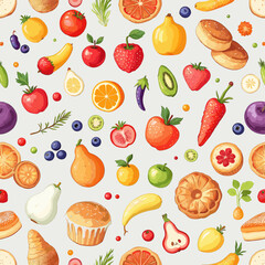 a variety of fruits and baked goods arranged in a grid-like fashion against a white background.