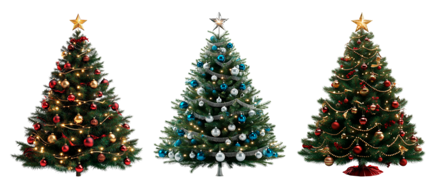 Set of three decorated Christmas trees with various ornaments, including red, gold, blue, and silver baubles, tinsel, and star toppers, isolated on a transparent background.