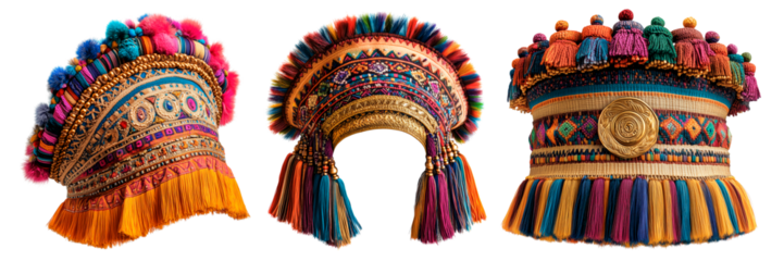 A set of traditional embroidered tribal headdress isolated on a transparent background. Ornate ethnic hat with colorful beads, tassels, and intricate embroidery, reflecting cultural heritage.