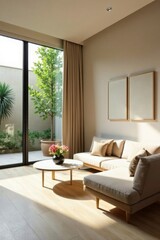 Fototapeta premium Serene Minimalist Living Room Design Featuring a Sectional Sofa and Sunlit Patio View
