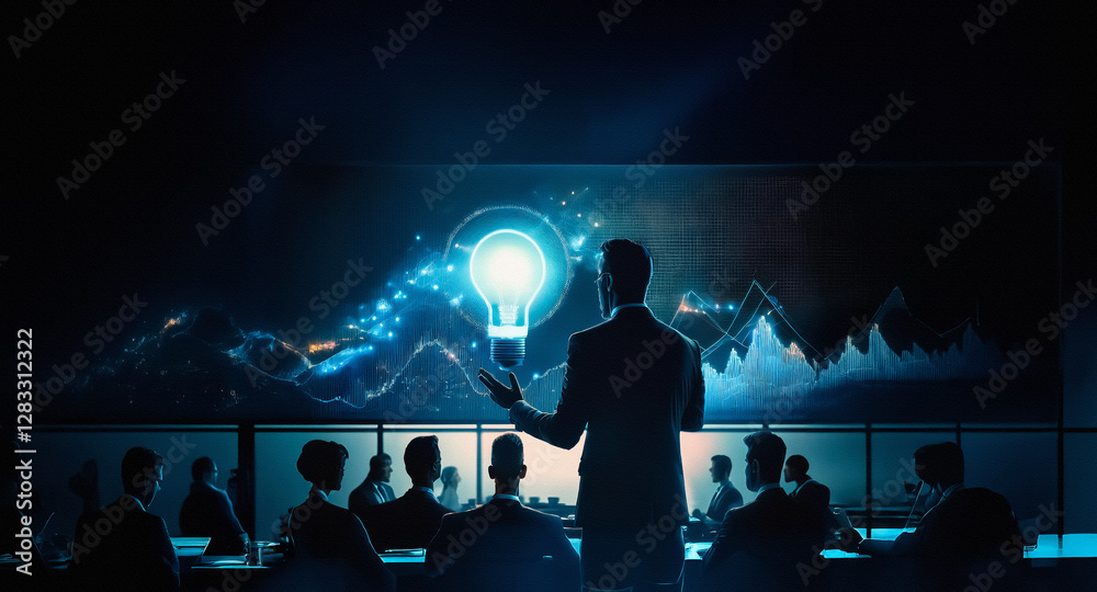 Aufkleber a presenter addresses an audience in a dimly lit setting. behind them, a screen illuminates with a b