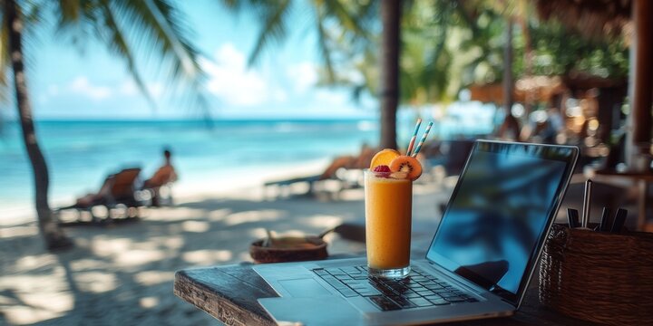 Freelancer working remotely on tropical beach with laptop and fruit juice