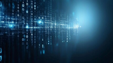Obraz premium Digital Binary Code Flow with Glowing Lights on Dark Background