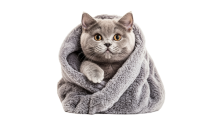 Cute gray cat wrapped snugly in soft blanket