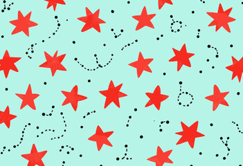 red stars and black dots scattered across a light blue background.