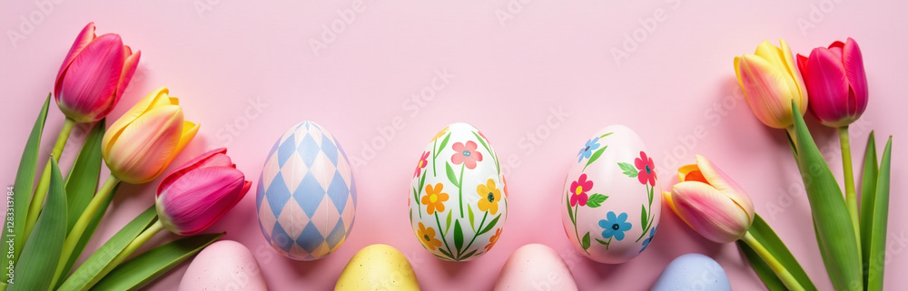 Poster Decorated Eggs Are Placed On A Pink Paper Background Featuring Tulips In A Colorful Easter Scene Design. 00002