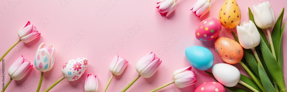 Poster Decorated Eggs Are Placed On A Pink Paper Background Featuring Tulips In A Colorful Easter Scene Design. 00001