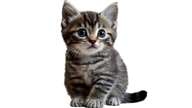 Cute tabby kitten sitting and looking curiously