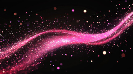 Obraz premium Pink wave star trail with glow sparkles and glitter. Curve line with magic shine dust or shimmer on black background. Realistic vector illustration of abstract bright glamour streak with confetti.