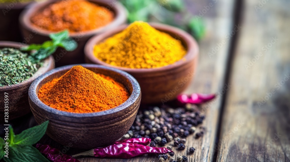 Poster vibrant spices arranged in wooden bowls on a rustic table during bright daylight. generative ai