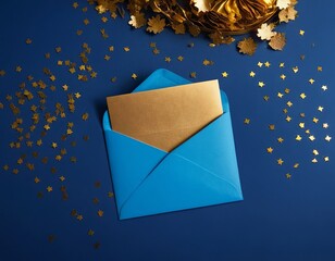 An elegant blue envelope with a gold card inside, surrounded by golden star confetti on a blue background.