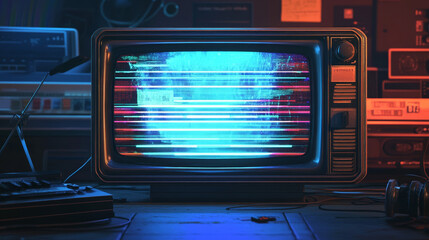Obraz premium Glitch game effect tv screen with pixel texture background. Vhs digital pattern with retro television graphic design. Signal error broadcast overlay with distortion line art. Wide speed rewind frame