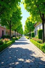 Obraz premium Sun-Dappled Path Through a Lush Residential Street Lined with Vibrant Green Trees and Carefully Maintained Boxwood Hedges