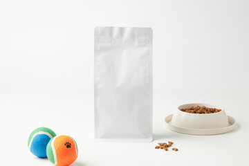 Dog Food Packaging With Colorful Toys and Bowl in a Bright Setting