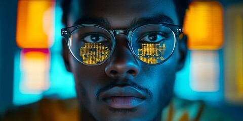 It specialist analyzing data reflected in glasses in futuristic office