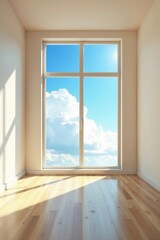 Bright Sunlight Illuminates Empty Room with Large Window Showing Blue Sky and Fluffy Clouds, Hardwood Floor Reflecting Light