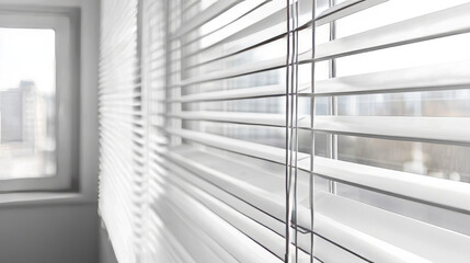 Fototapeta premium Office or home window frame with jalousie. Closed and ajar opening interior venetian blind plastic and fabric roll curtain with control cord. Realistic 3d vector set of white louvers shutter.