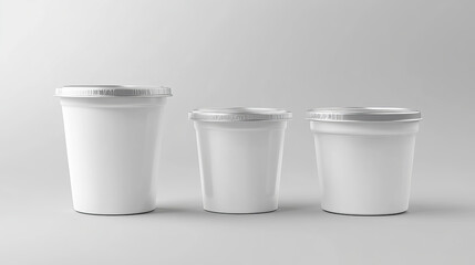 Plastic cup, container or package for yoghurt and dairy products isolated vector mockup. White jars with foil lid, oval or round tubs front and top view on transparent background, Realistic 3d mock up