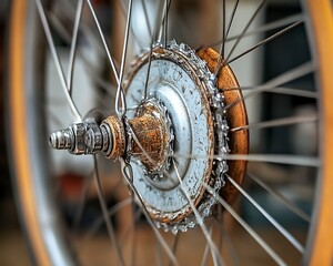 Obraz premium Vintage bicycle wheel hub, close-up, workshop background