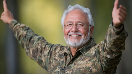 Fototapeta premium Happy Senior Man in Camouflage Jacket Outdoors with Arms Raised