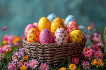 Naklejka premium Basket with bright Easter eggs on a background of colorful spring flowers.