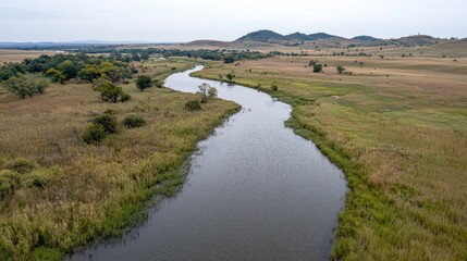 Obraz premium Winding river flows through a vast grassy valley under an overcast sky with hills in the background.