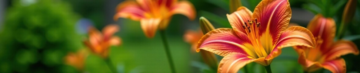 Fototapeta premium Red and yellow striped lily in a container garden, container garden, nature