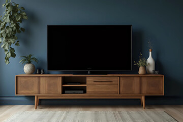 Woodle TV cabinate with  dark blue wall background at  Modern  mid-century interior living decor. Front view.