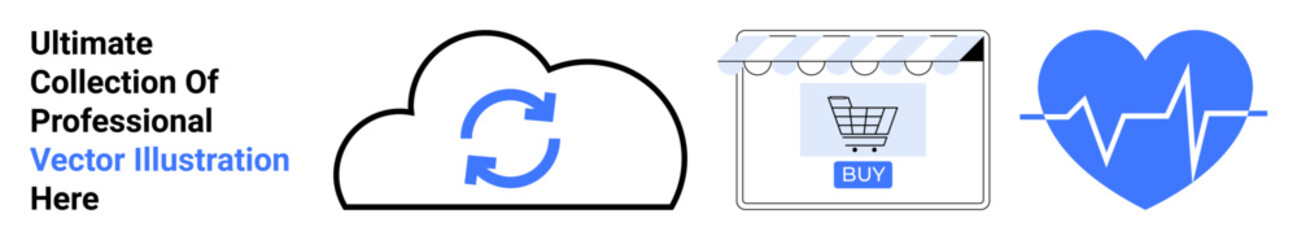 Cloud sync, shopping cart under awning, heart with heartbeat line. Ideal for technology, e-commerce, health, connectivity, innovation, lifestyle flat landing page banner