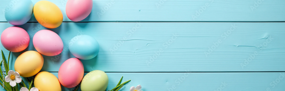 Poster colorful easter eggs on a light blue wooden table create a visually appealing flat lay composition w